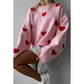 Fashionable Embroidered Heart Loose Round Neck Long Sleeve Knitted Sweater