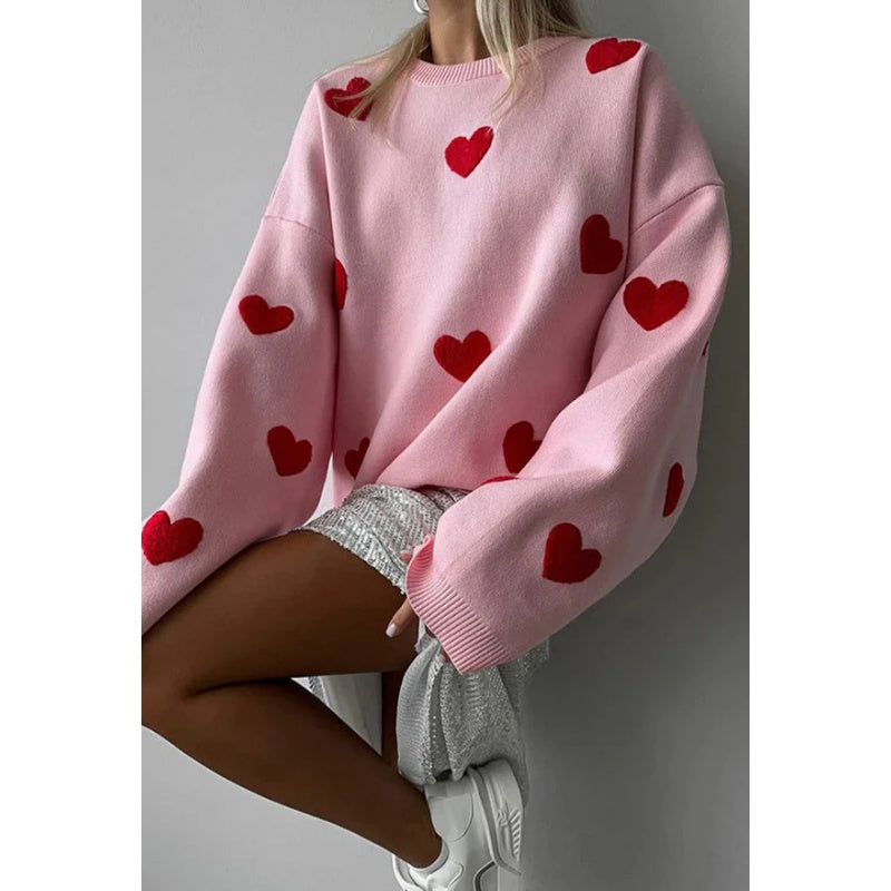 Fashionable Embroidered Heart Loose Round Neck Long Sleeve Knitted Sweater