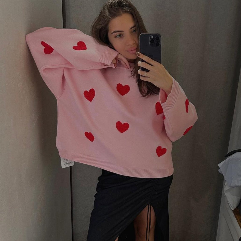 Fashionable Embroidered Heart Loose Round Neck Long Sleeve Knitted Sweater