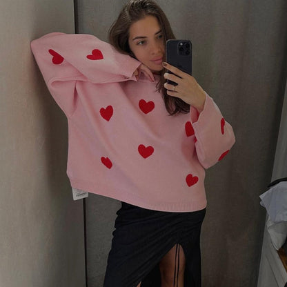 Fashionable Embroidered Heart Loose Round Neck Long Sleeve Knitted Sweater