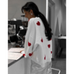 Fashionable Embroidered Heart Loose Round Neck Long Sleeve Knitted Sweater