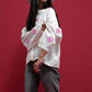 Fashionable Embroidered Heart Loose Round Neck Long Sleeve Knitted Sweater