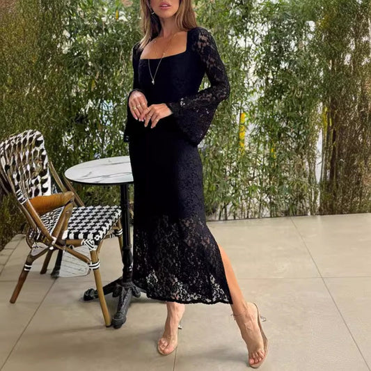 🌸Spring Specials💐 Lace Flared Sleeves Split Hem Waisted Dress