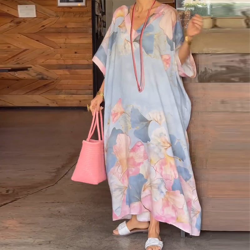 🔥2026 NEW SALES - 50% OFF🔥Floral Print Loose Long Dress with Half Sleeves