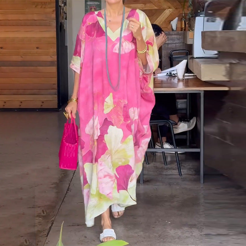🔥2026 NEW SALES - 50% OFF🔥Floral Print Loose Long Dress with Half Sleeves