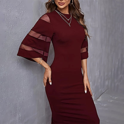 🔥2025 NEW SALE🔥Elegant Midi Dress with Sheer Sleeve🚁Free Shipping
