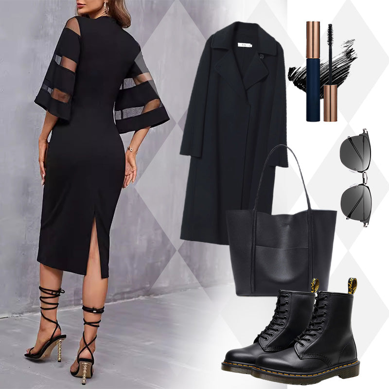 🔥2025 NEW SALE🔥Elegant Midi Dress with Sheer Sleeve🚁Free Shipping