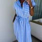 Women's Casual Striped Tie Waist Shirt Dress with Pocket