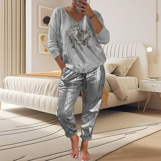 Women's 2 Piece Set: Devil's Eye Gold Foil Top and Sequin Pants Set