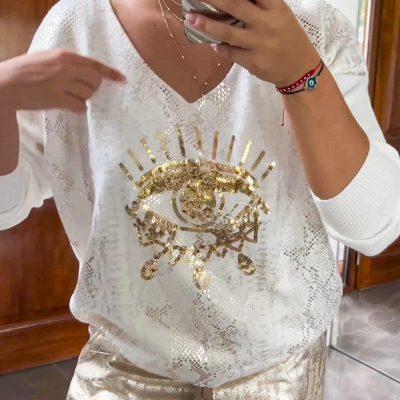 Women's 2 Piece Set: Devil's Eye Gold Foil Top and Sequin Pants Set