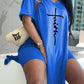 【Buy 2 Free Shipping】Letter Print Split Side V Neck T-Shirt & Shorts Two Piece Set