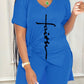 【Buy 2 Free Shipping】Letter Print Split Side V Neck T-Shirt & Shorts Two Piece Set