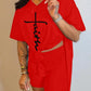 【Buy 2 Free Shipping】Letter Print Split Side V Neck T-Shirt & Shorts Two Piece Set