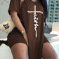 【Buy 2 Free Shipping】Letter Print Split Side V Neck T-Shirt & Shorts Two Piece Set
