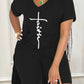 【Buy 2 Free Shipping】Letter Print Split Side V Neck T-Shirt & Shorts Two Piece Set