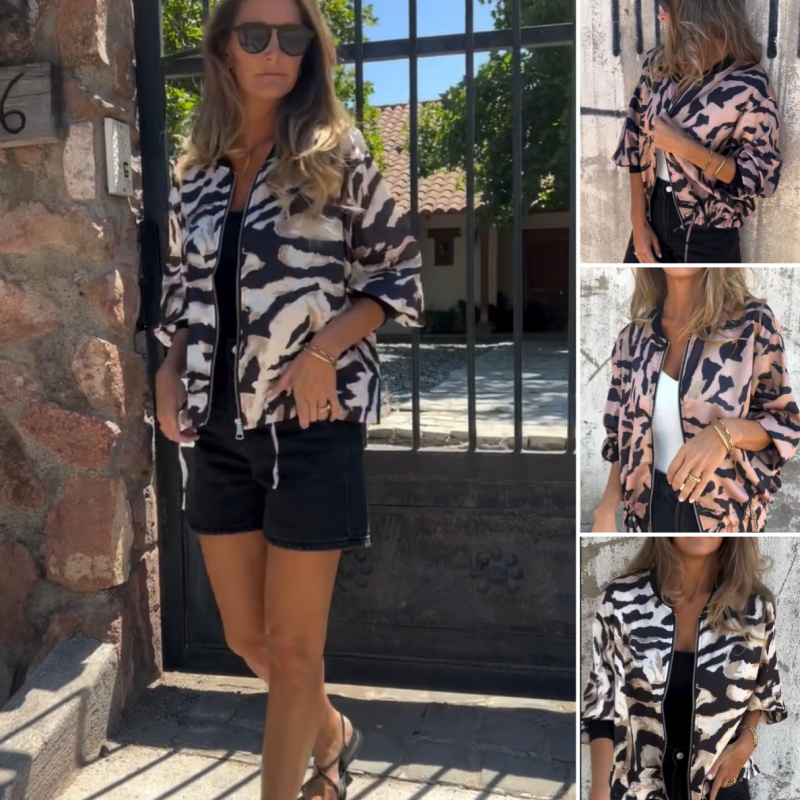 Women's Fall Zebra Print Zipper Bomber Jacket