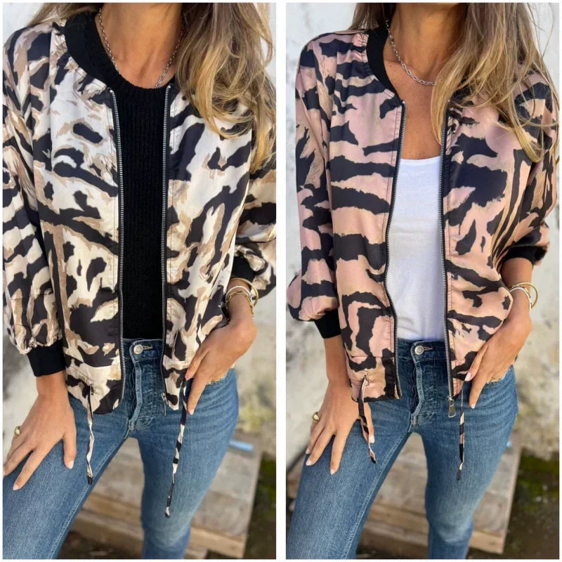 Women's Fall Zebra Print Zipper Bomber Jacket