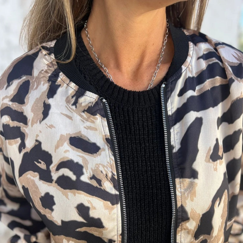 Women's Fall Zebra Print Zipper Bomber Jacket