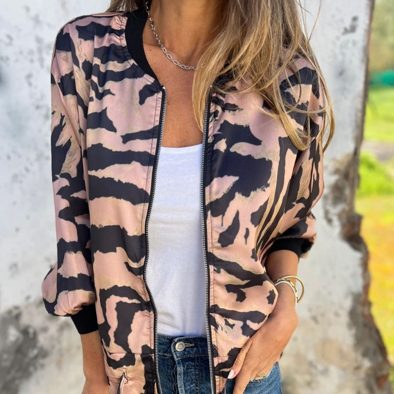 Women's Fall Zebra Print Zipper Bomber Jacket