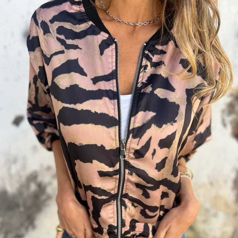 Women's Fall Zebra Print Zipper Bomber Jacket