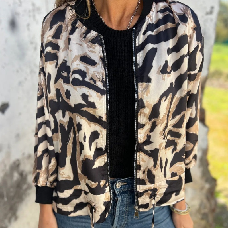 Women's Fall Zebra Print Zipper Bomber Jacket