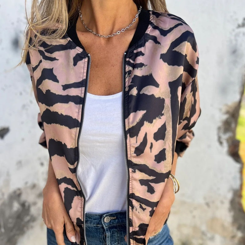 Women's Fall Zebra Print Zipper Bomber Jacket