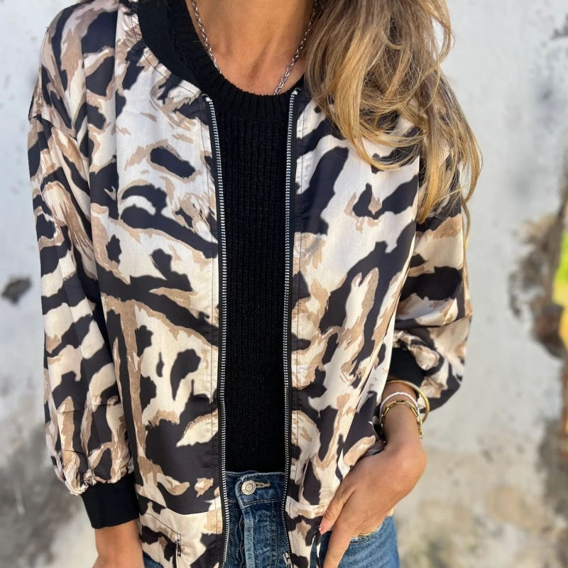 Women's Fall Zebra Print Zipper Bomber Jacket