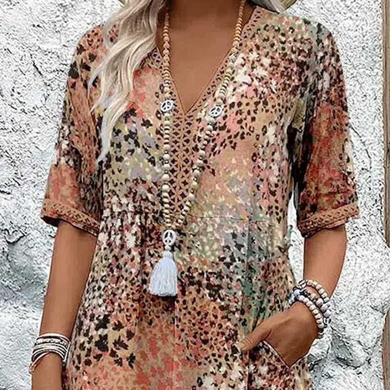 Women's Vivid Printed V-Neck Midi Dress