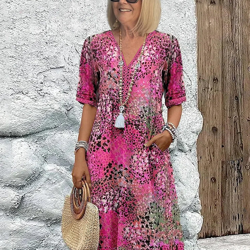 Women's Vivid Printed V-Neck Midi Dress