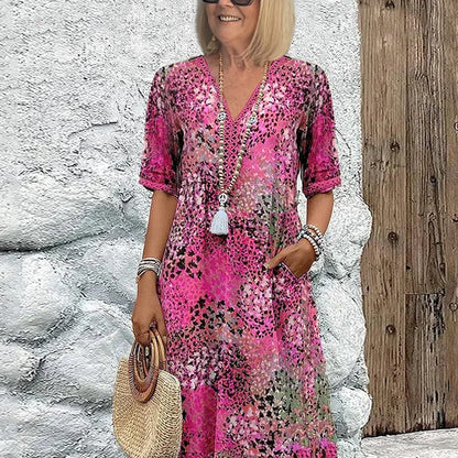 Women's Vivid Printed V-Neck Midi Dress
