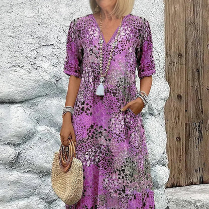 Women's Vivid Printed V-Neck Midi Dress