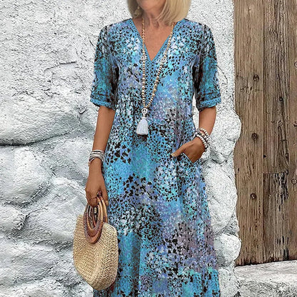 Women's Vivid Printed V-Neck Midi Dress