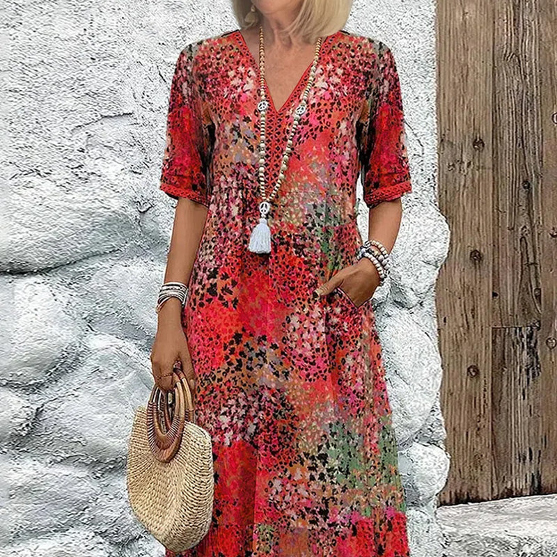 Women's Vivid Printed V-Neck Midi Dress