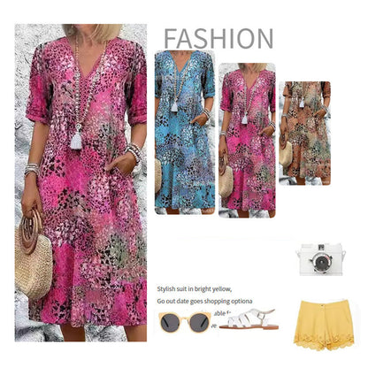 Women's Vivid Printed V-Neck Midi Dress
