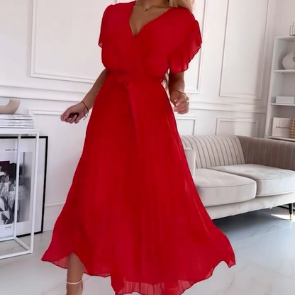Women's Solid V-Neck Pleated Flowy Dress
