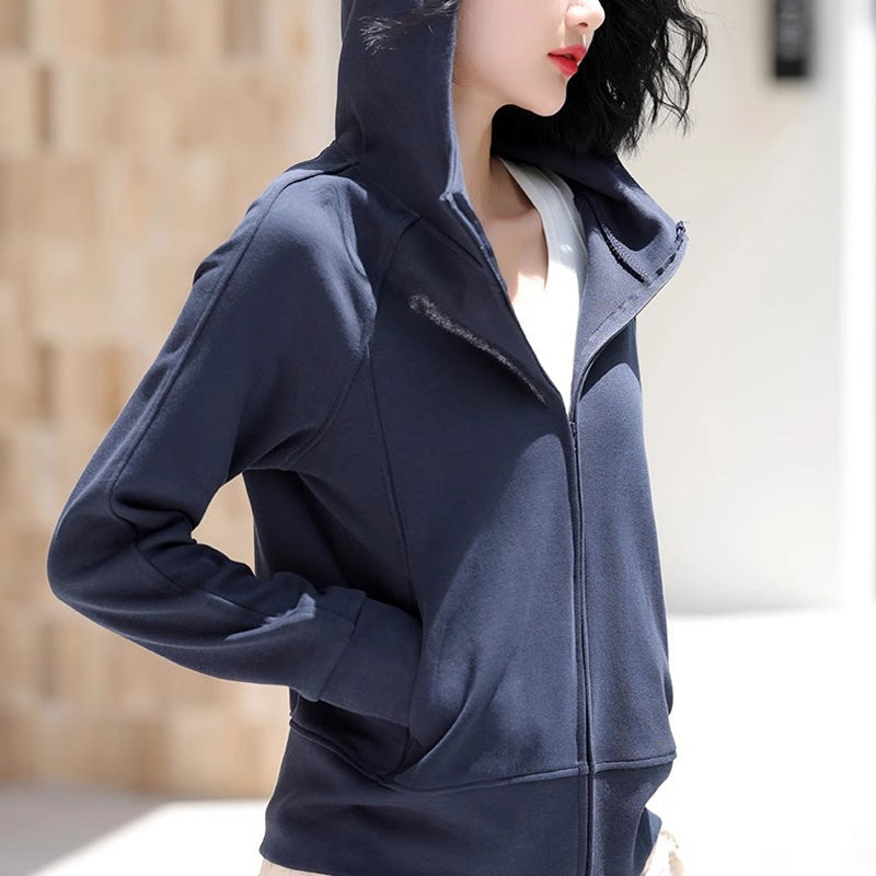 Women’s Casual Zip-Up Solid Color Hooded Sweatshirt