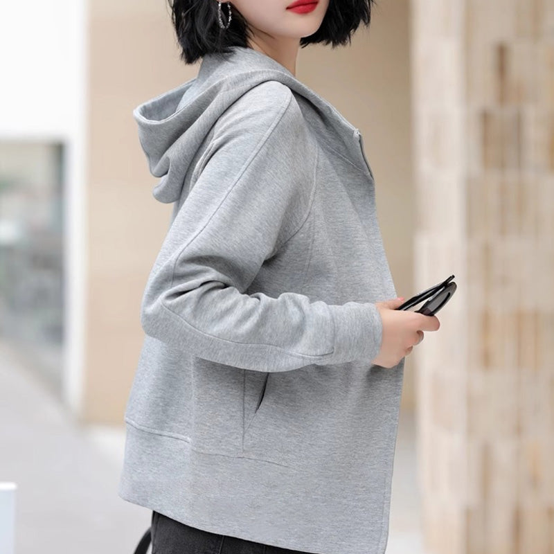Women’s Casual Zip-Up Solid Color Hooded Sweatshirt