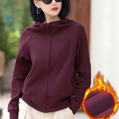 Women’s Casual Zip-Up Solid Color Hooded Sweatshirt