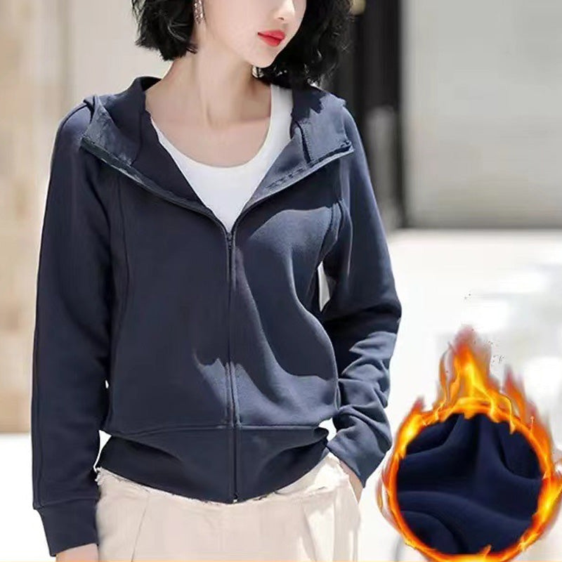 Women’s Casual Zip-Up Solid Color Hooded Sweatshirt