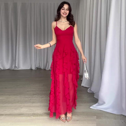 Women's Elegant Spaghetti Strap Ruffle Layered Maxi Dress