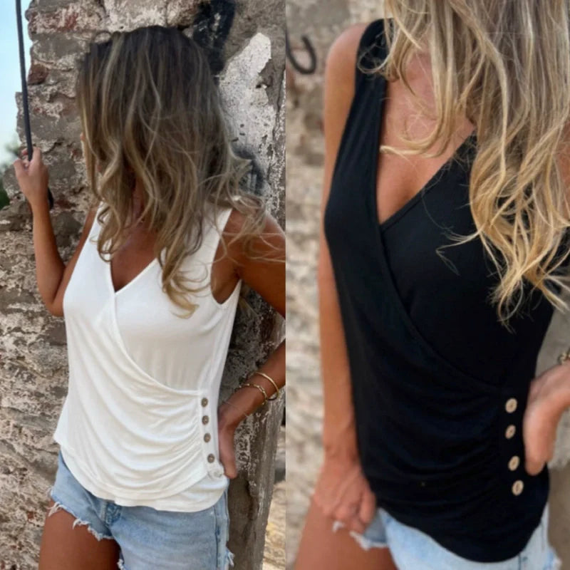 Button Cross V-Neck Tank Top