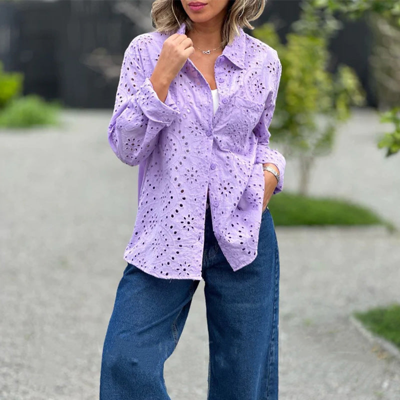 Women's Solid Color Cut-Out Long Sleeve Shirt
