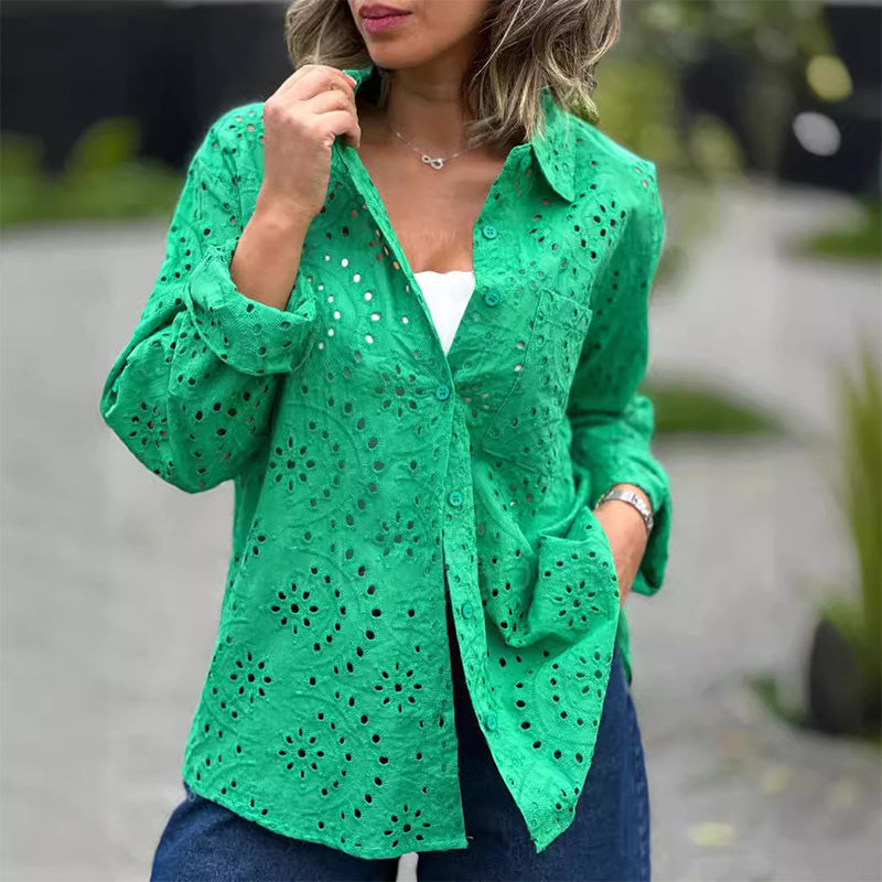 Women's Solid Color Cut-Out Long Sleeve Shirt