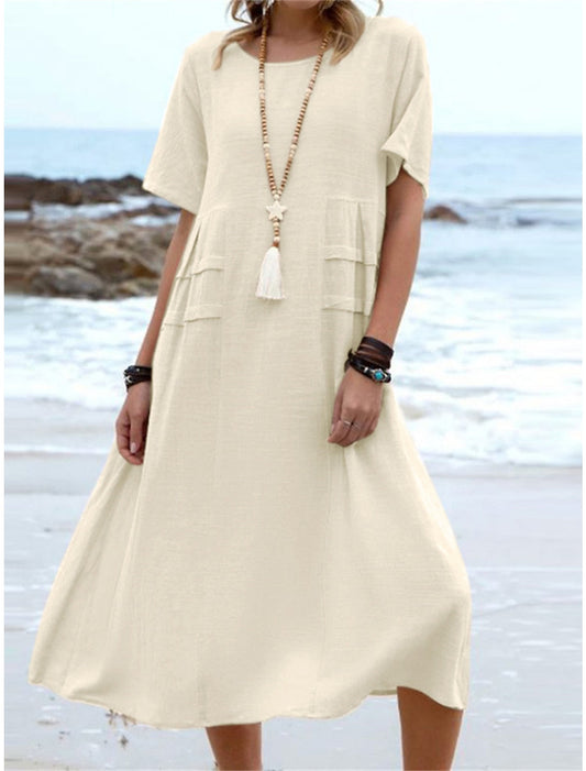 💃Women's Round Neck Cotton Linen Midi Dress