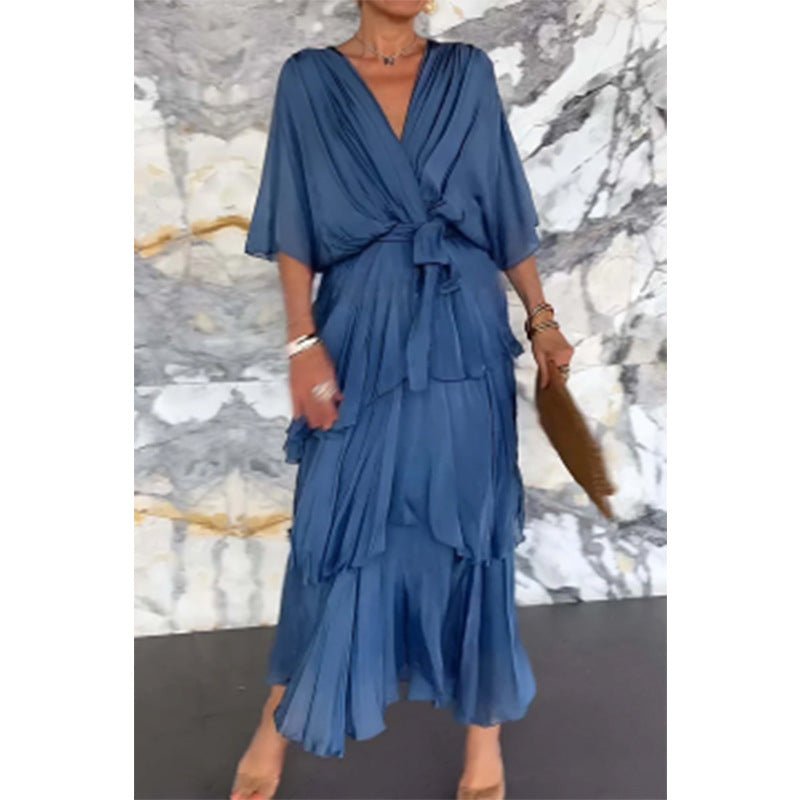 💃Elegant V-Neck Wrap Waist Tie Layered Dress