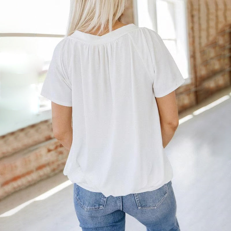 Women's Casual Pleated V-Neck Short-Sleeve Top