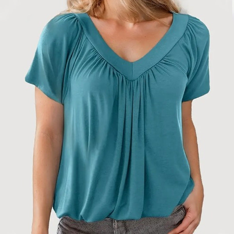 Women's Casual Pleated V-Neck Short-Sleeve Top