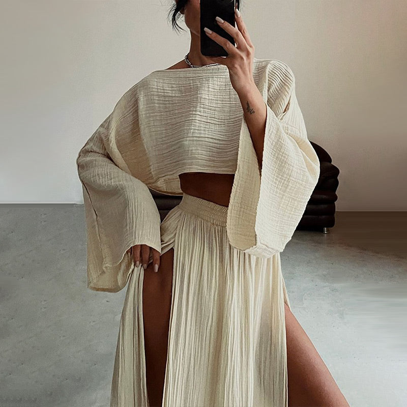 Women’s Casual Cotton Linen Side Slit Two-Piece Set