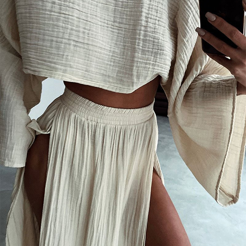 Women’s Casual Cotton Linen Side Slit Two-Piece Set