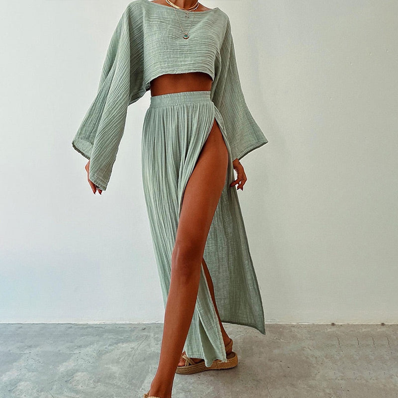 Women’s Casual Cotton Linen Side Slit Two-Piece Set